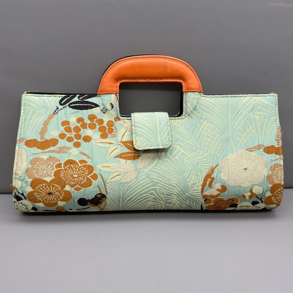 Moo Roo Handbag Women Blue Floral Brocade Orange Leather Handle Designer Signed